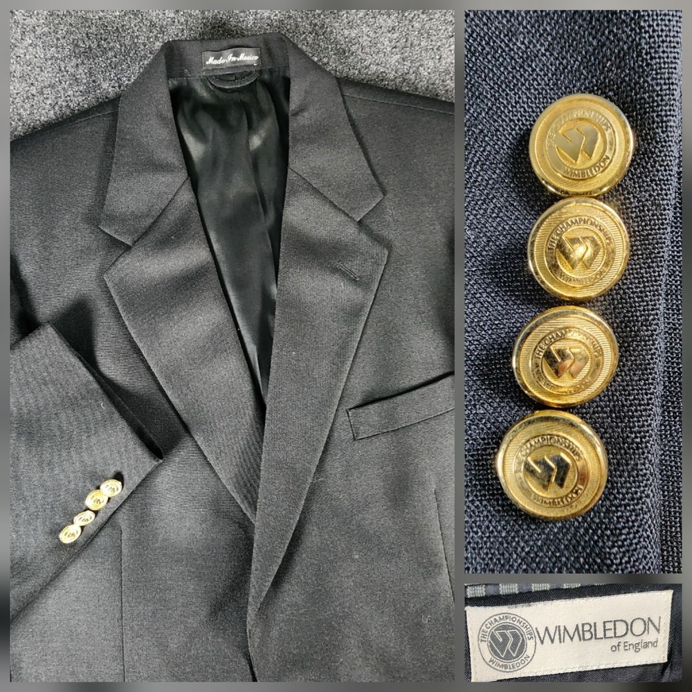 Wimbledon Of England Men's 44L Black Hopsack Gold Button Blazer Sport Coat